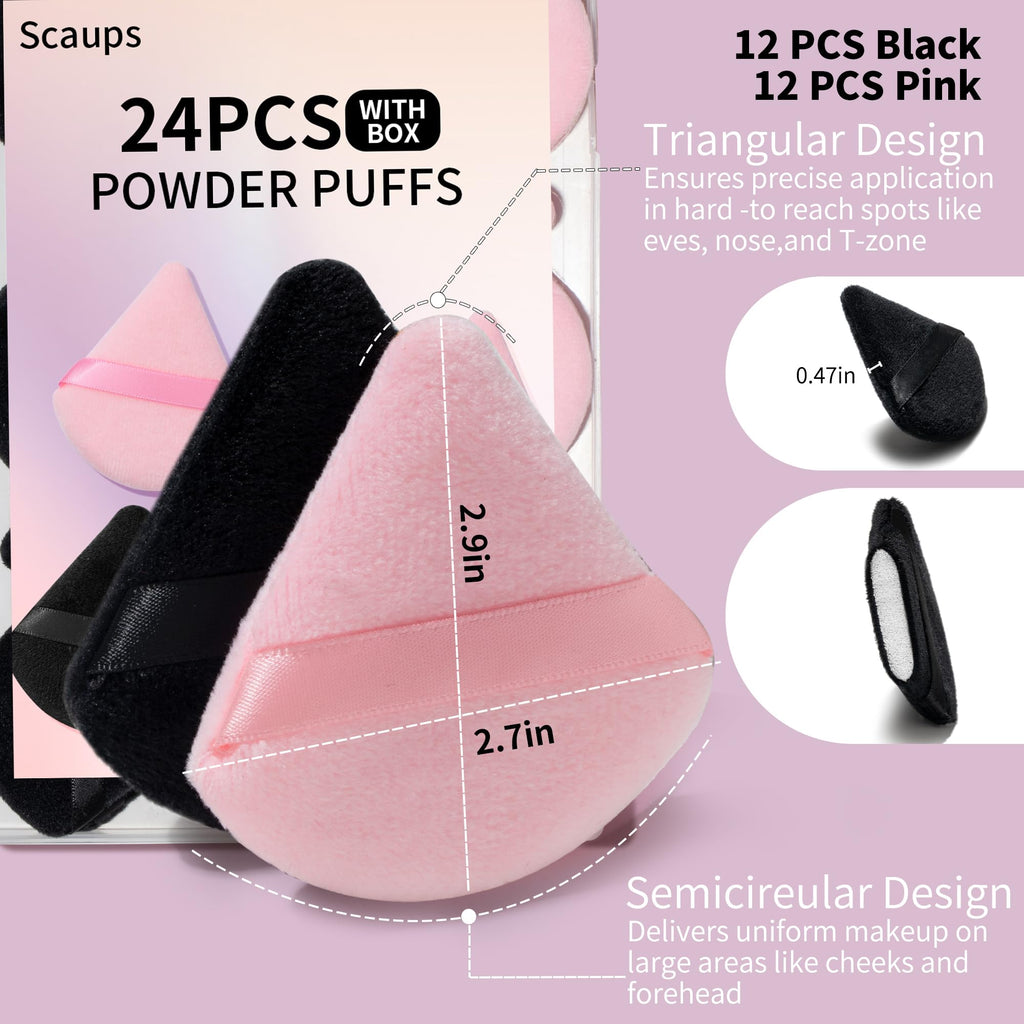 24Pcs Black and Pink Powder Puff, Triangle Powder Puffs, Powder Puffs for Makeup and Cosmetic Foundation